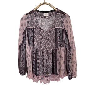 Knox Rose Paisley Patchwork Peasant Boho Whimsy Sheer Top M